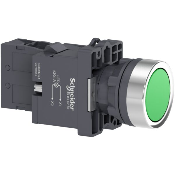 Green flush complete illum push button Ø22 flush 220V AC 1NO