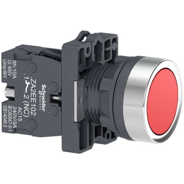 Round red push button Ø 22 flush spring return 1NC